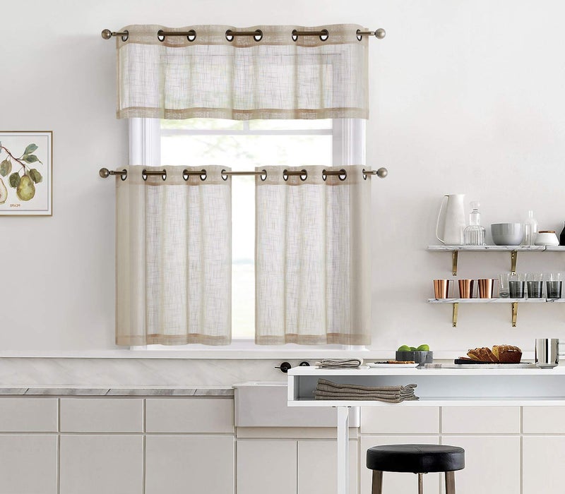 HLC.ME Abbey Faux Linen Textured Semi Sheer Privacy Light Filtering Transparent Grommet Short Thick Cafe Curtain Tiers for Small Windows, Kitchen & Basement, Set of 2 (35 W x 24 L, Beige) - Image 3